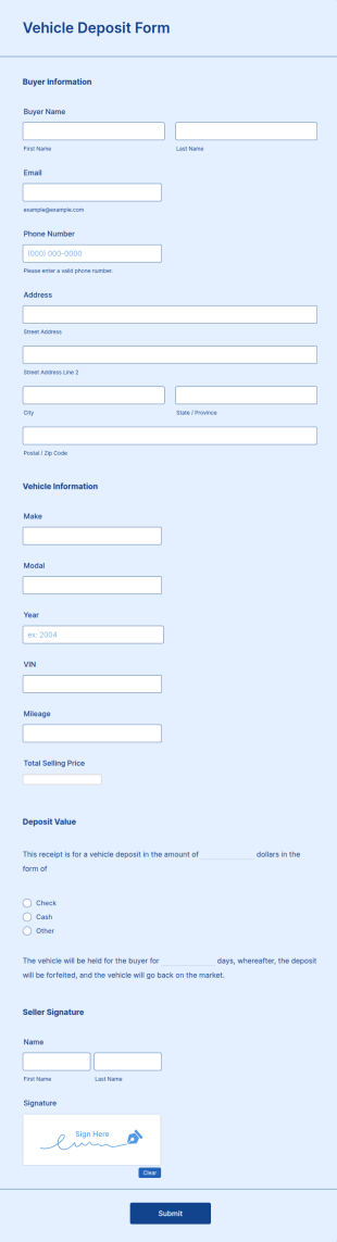 Vehicle Deposit Form Template