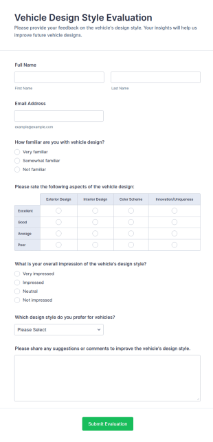 Vehicle Design Style Evaluation Form Template
