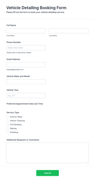 Vehicle Detailing Booking Form Template