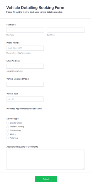 Vehicle Detailing Booking Form Template