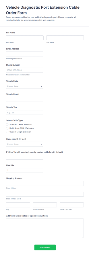 Vehicle Diagnostic Port Extension Cable Order Form Template