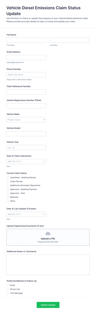 Vehicle Diesel Emissions Claim Status Update Form Template