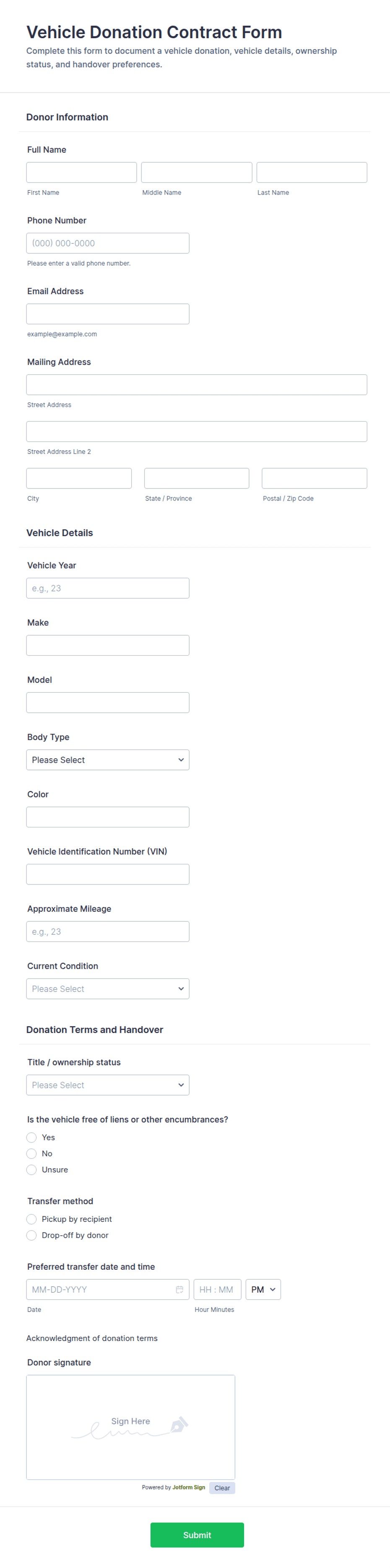 Vehicle Donation Contract Form Template | Jotform