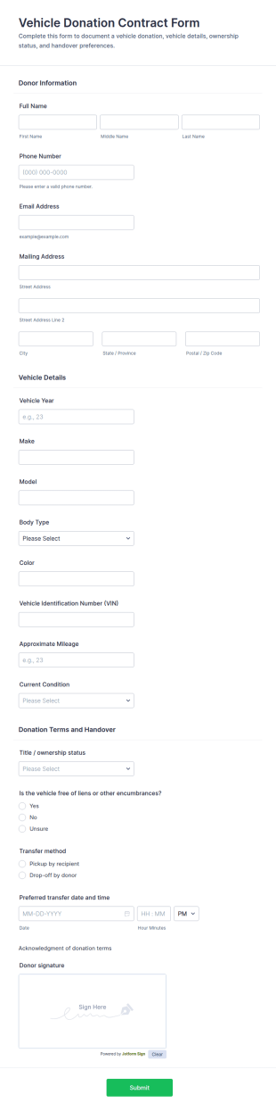 Vehicle Donation Contract Form Template