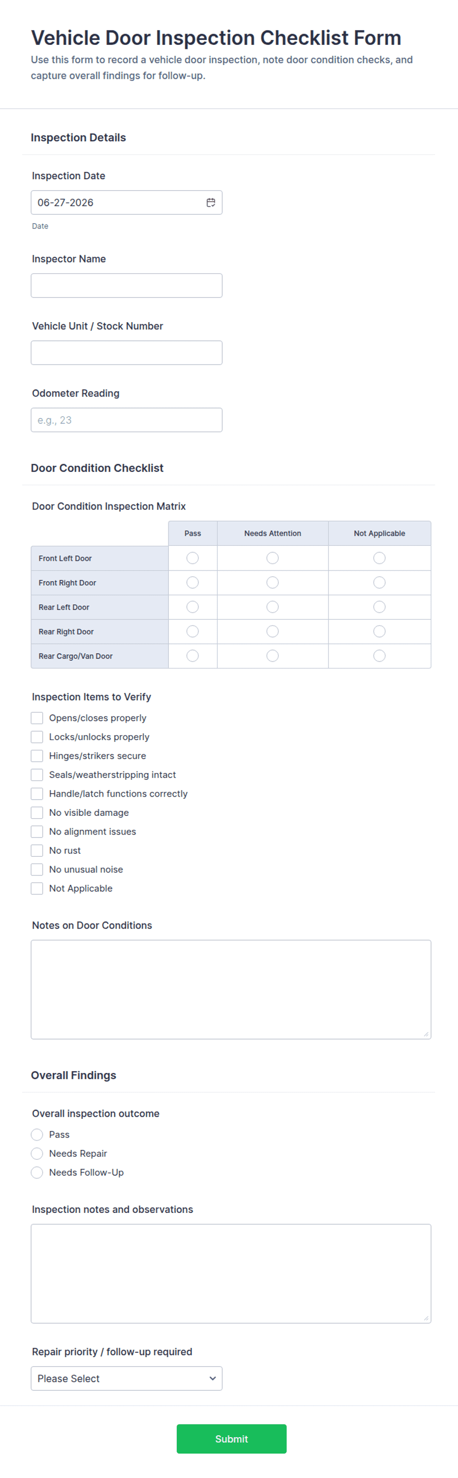 Vehicle Door Inspection Checklist Form Template | Jotform
