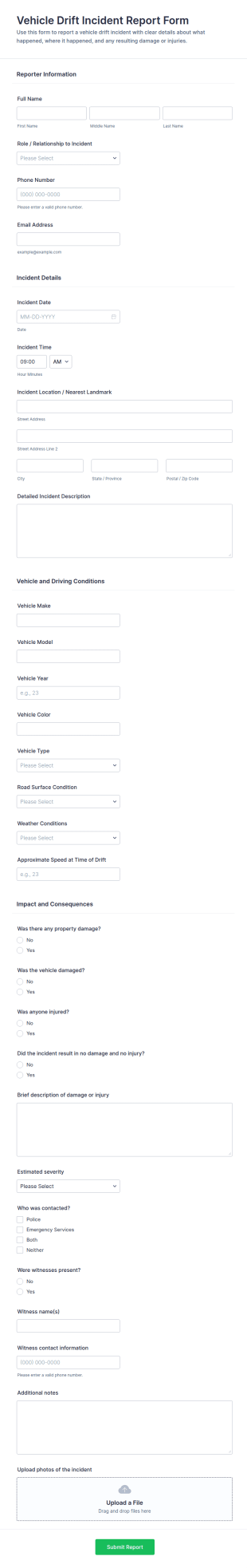 Vehicle Drift Incident Report Form Template