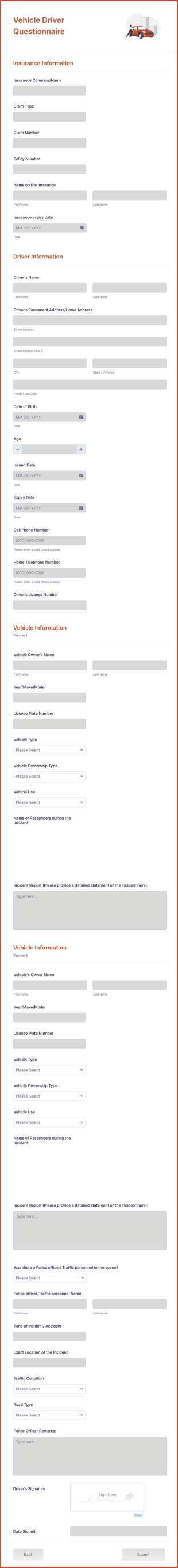 Vehicle Driver Questionnaire Form Template