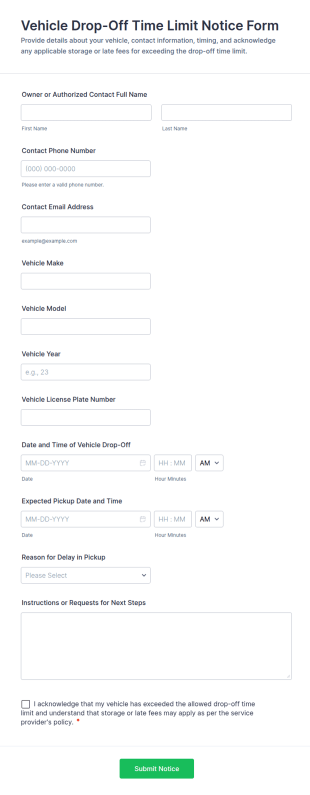 Vehicle Drop Off Time Limit Notice Form Template