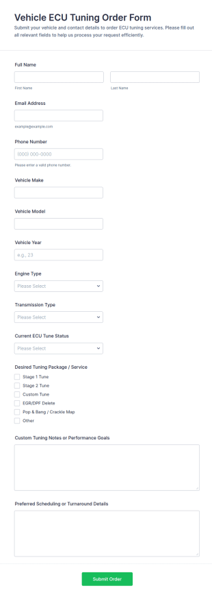 Vehicle ECU Tuning Order Form Template