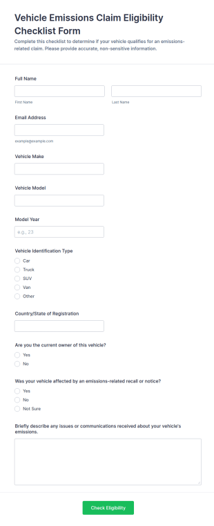 Vehicle Emissions Claim Eligibility Checklist Form Template