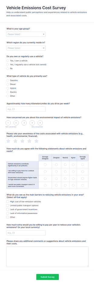 Vehicle Emissions Cost Survey Form Template