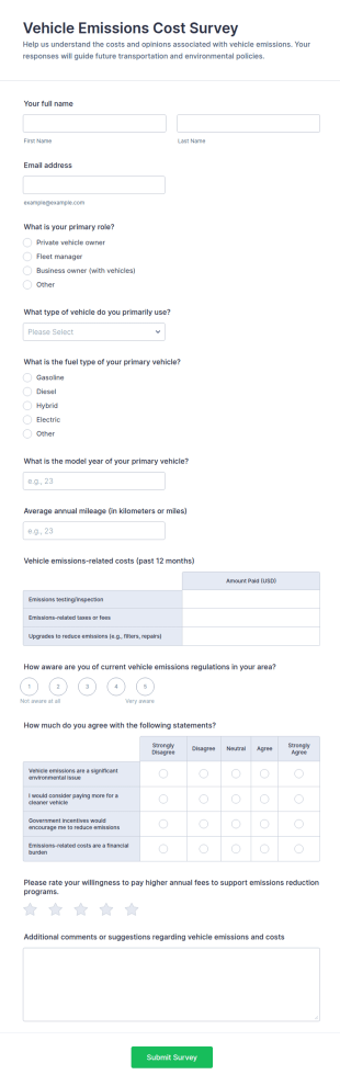 Vehicle Emissions Cost Survey Form Template
