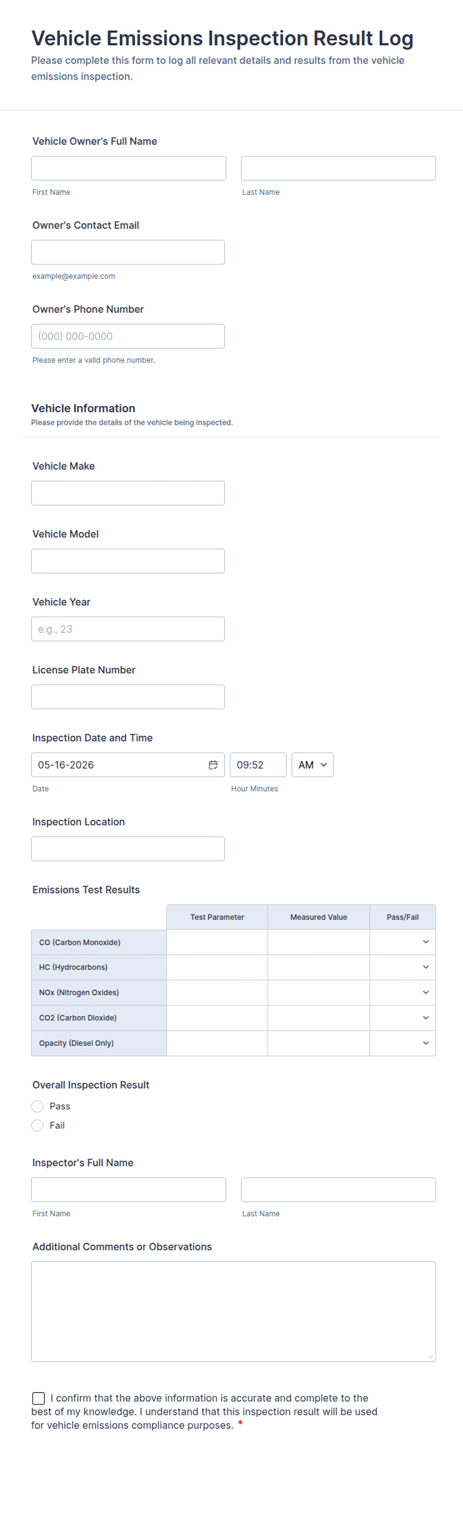 Smog Vehicle Inspection Report.pdf Vehicle Emissions Inspection Result Log Form Template | Jotform