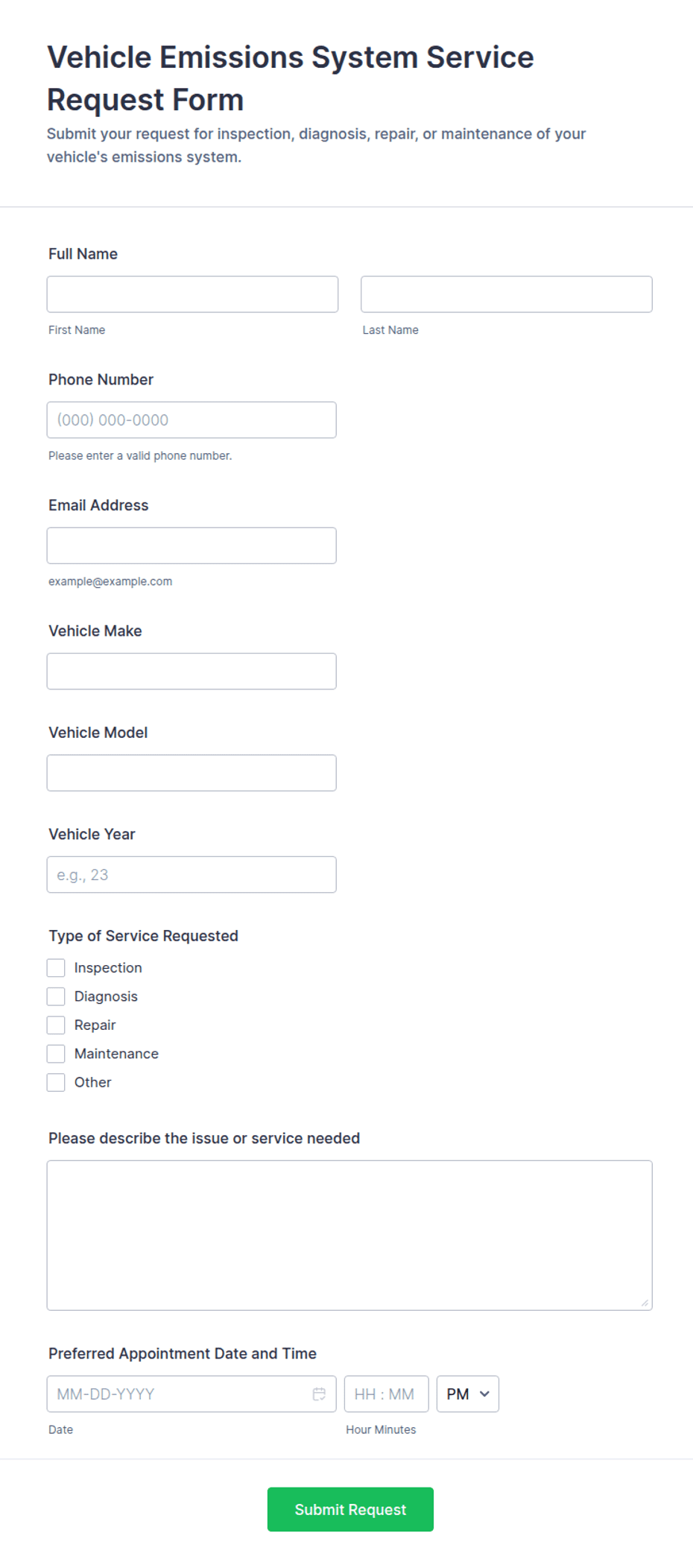 Vehicle Emissions System Service Request Form Template | Jotform