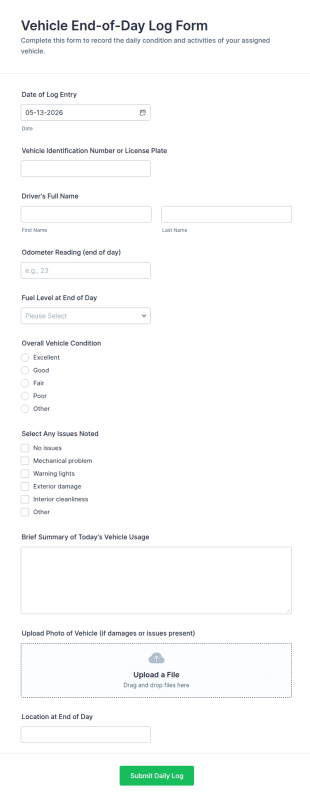 Vehicle End Of Day Log Form Template