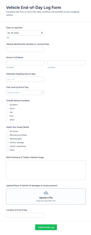 Vehicle End Of Day Log Form Template