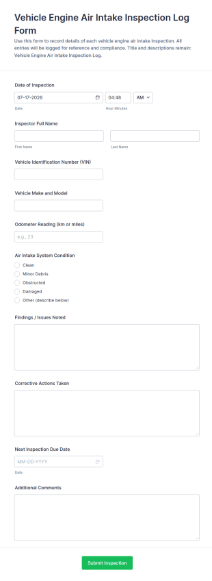 Vehicle Engine Air Intake Inspection Log Form Template