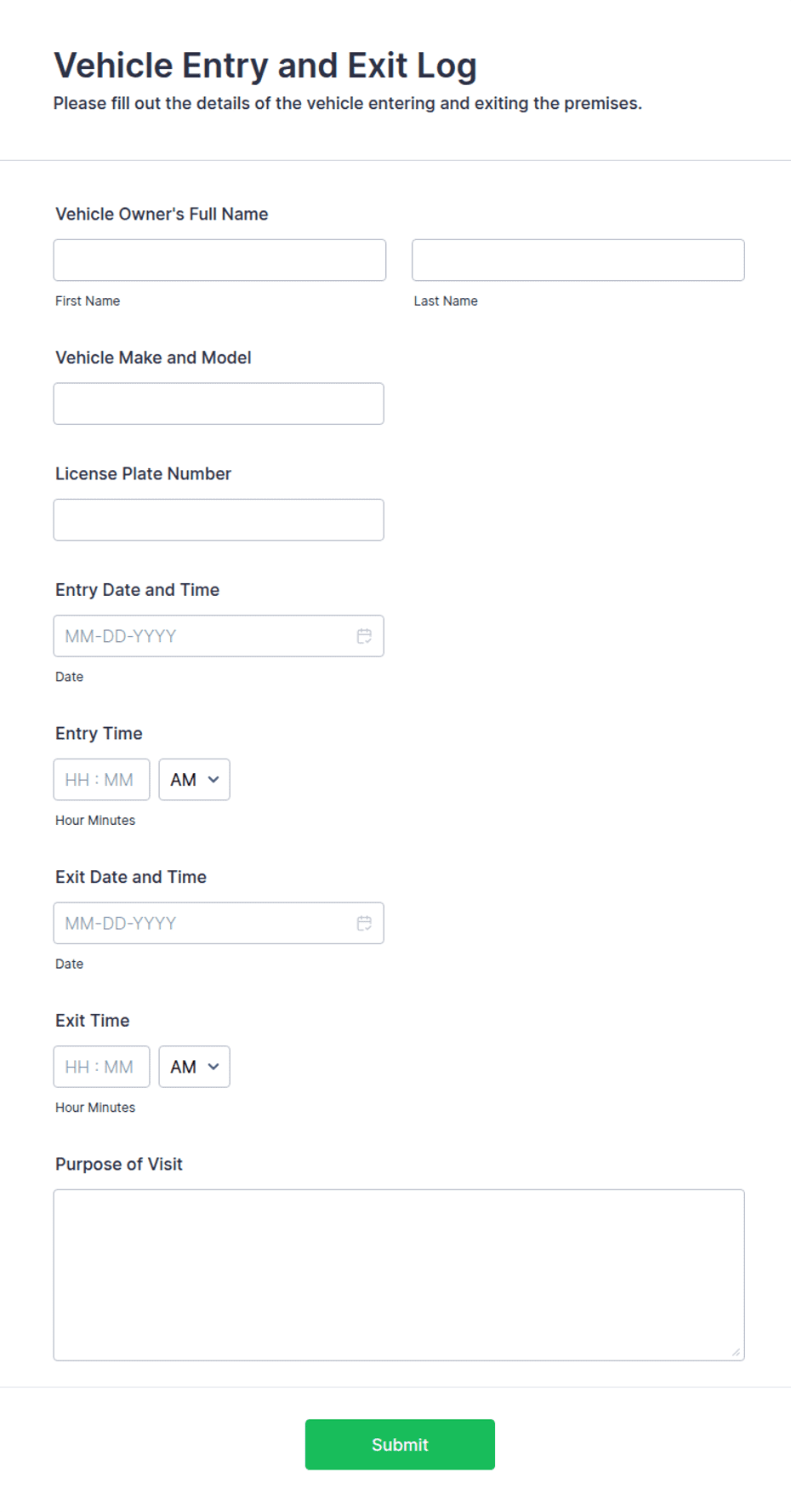 Vehicle Entry and Exit Log Form Template | Jotform