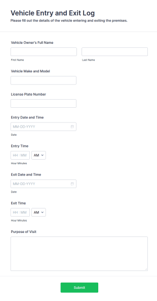 Vehicle Entry And Exit Log Form Template