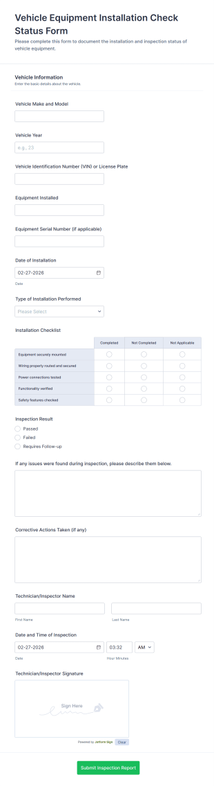 Vehicle Equipment Installation Check Status Form Template