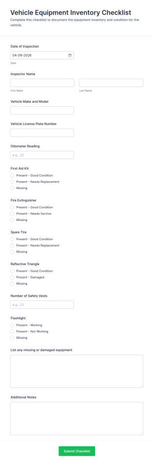 Vehicle Equipment Inventory Checklist Form Template