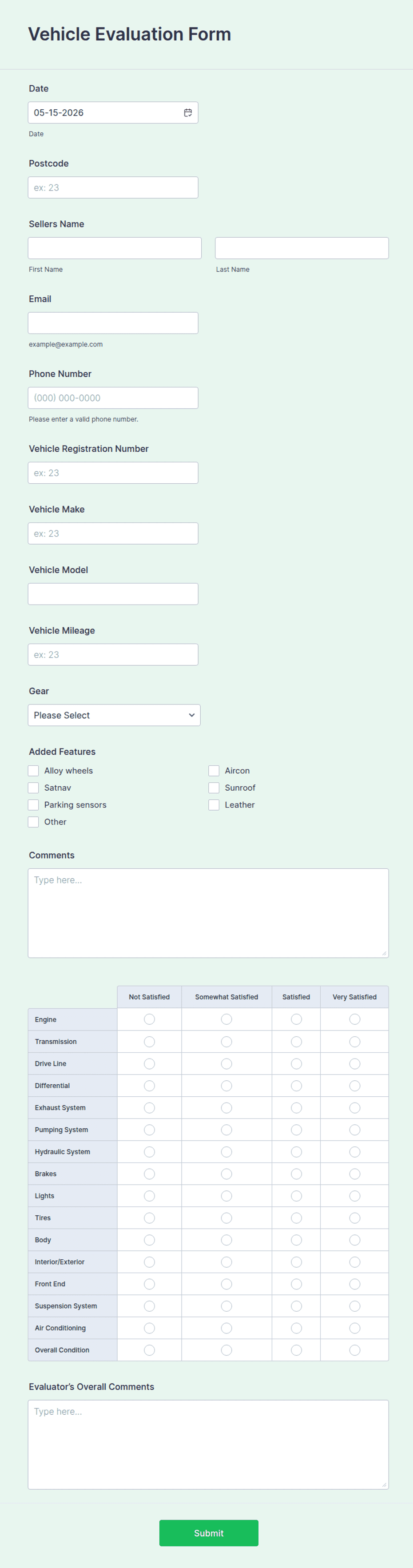 Vehicle Evaluation Form Template | Jotform