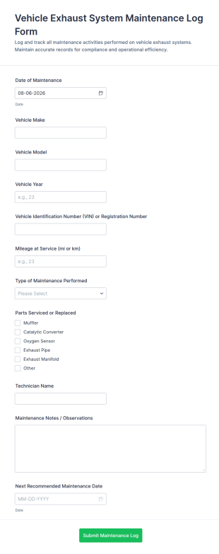 Vehicle Exhaust System Maintenance Log Form Template