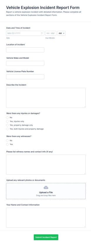 Vehicle Explosion Incident Report Form Template