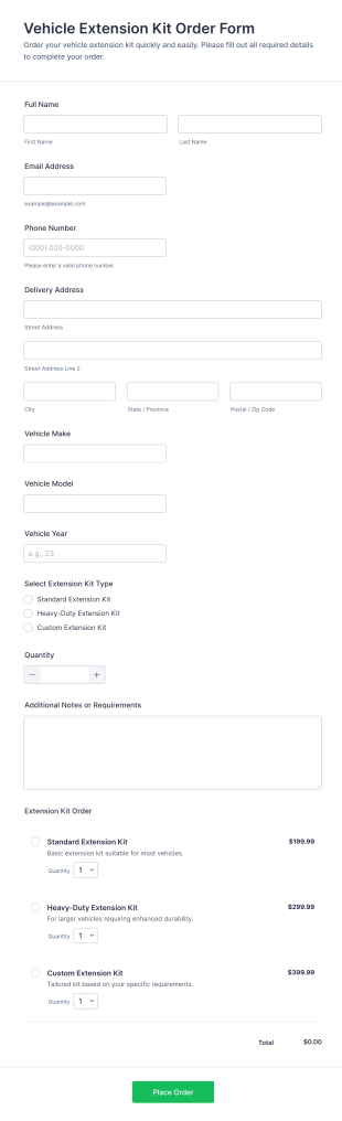 Vehicle Extension Kit Order Form Template