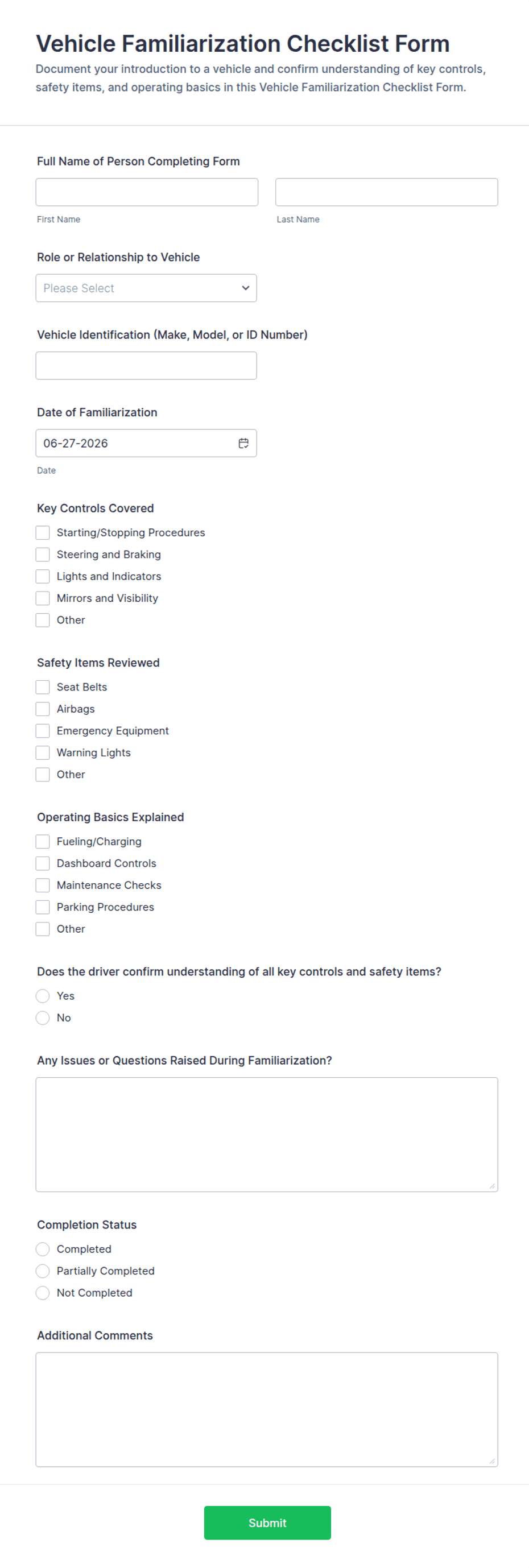 Vehicle Familiarization Checklist Form Template | Jotform