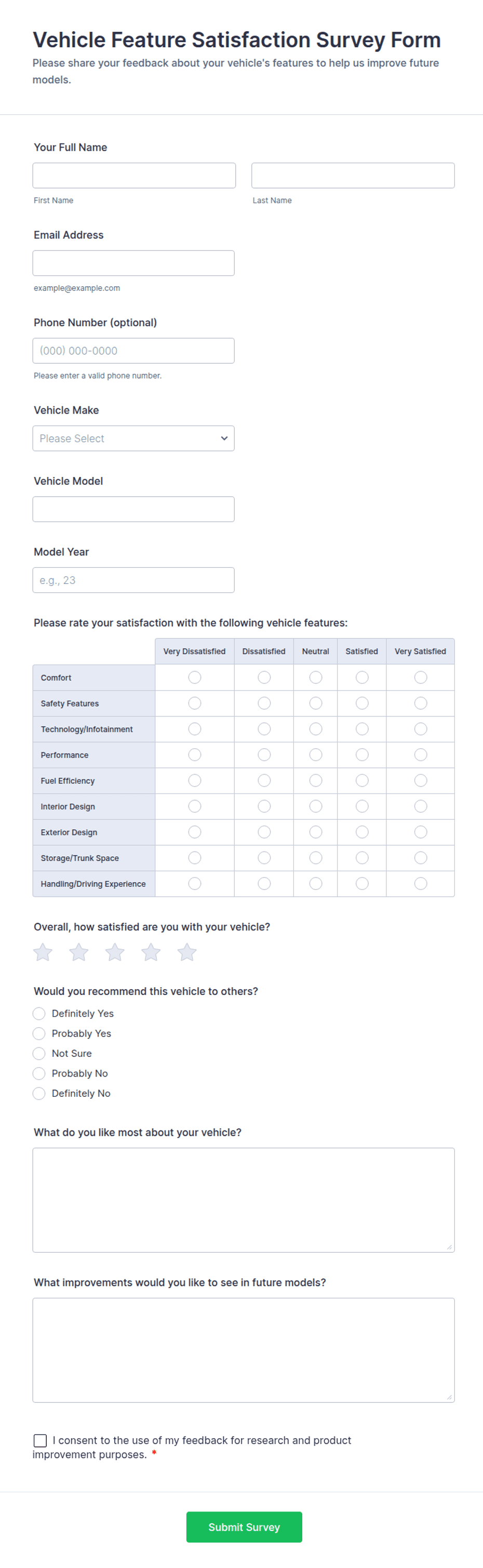Vehicle Feature Satisfaction Survey Form Template | Jotform