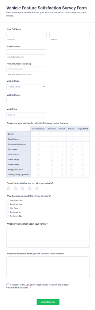 Vehicle Feature Satisfaction Survey Form Template