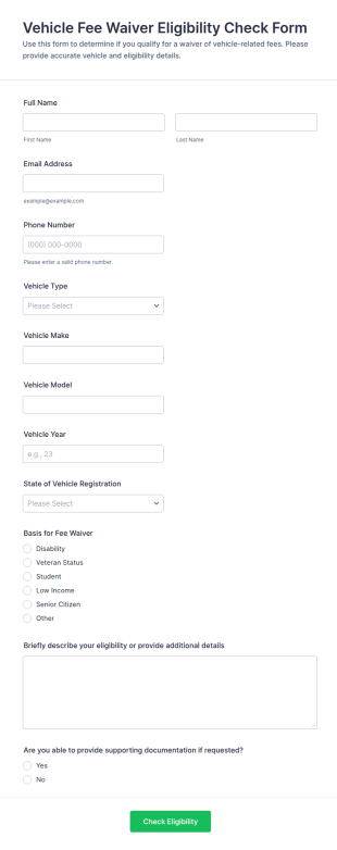 Vehicle Fee Waiver Eligibility Check Form Template