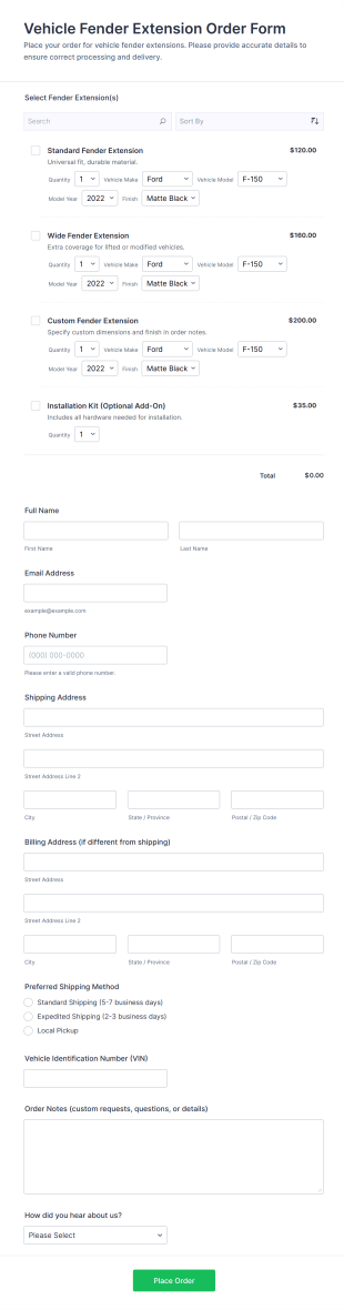 Vehicle Fender Extension Order Form Template