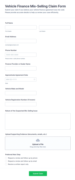 Vehicle Finance Mis Selling Claim Form Template