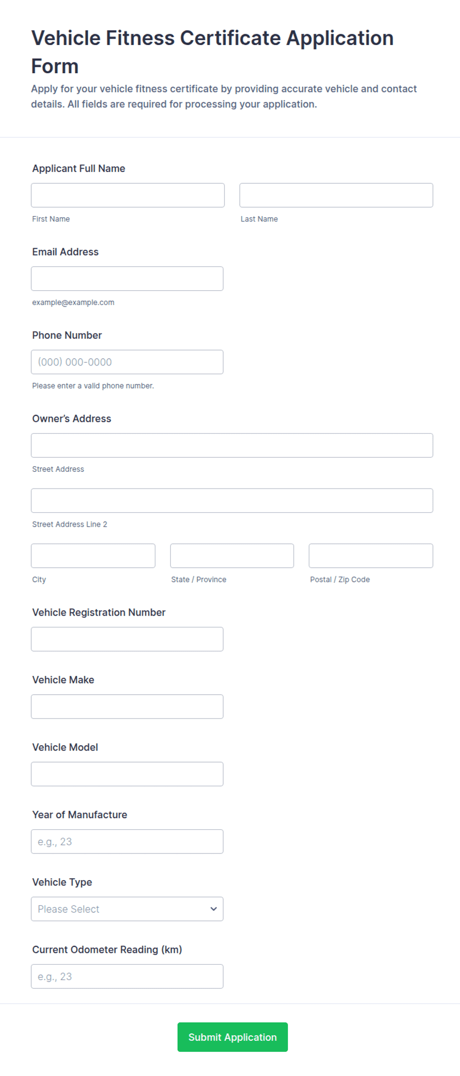 Vehicle Fitness Certificate Application Form Template | Jotform