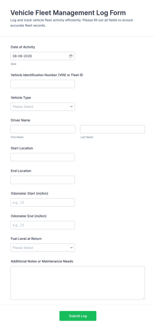 Vehicle Fleet Management Log Form Template