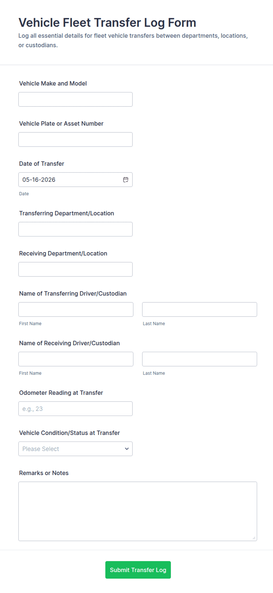 Printable Transfer Log Vehicle Fleet Transfer Log Form Template | Jotform