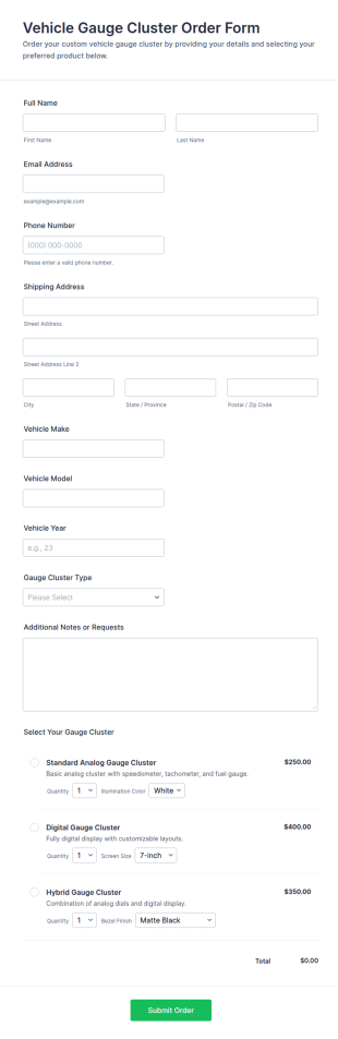 Vehicle Gauge Cluster Order Form Template