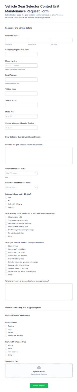 Vehicle Gear Selector Control Unit Maintenance Request Form Template