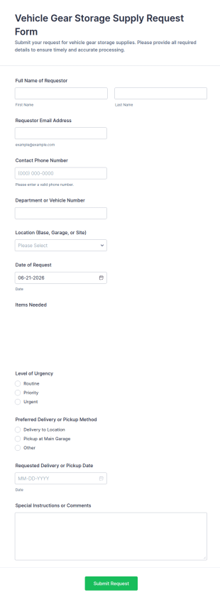 Vehicle Gear Storage Supply Request Form Template