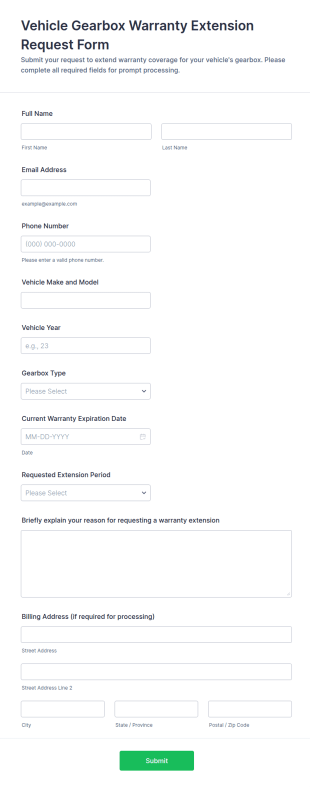 Vehicle Gearbox Warranty Extension Request Form Template