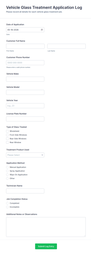 Vehicle Glass Treatment Application Log Form Template