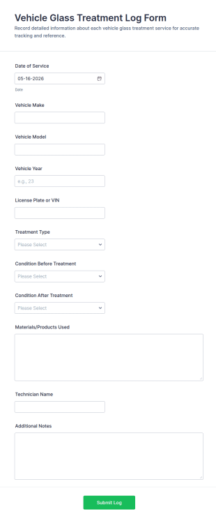 Vehicle Glass Treatment Log Form Template