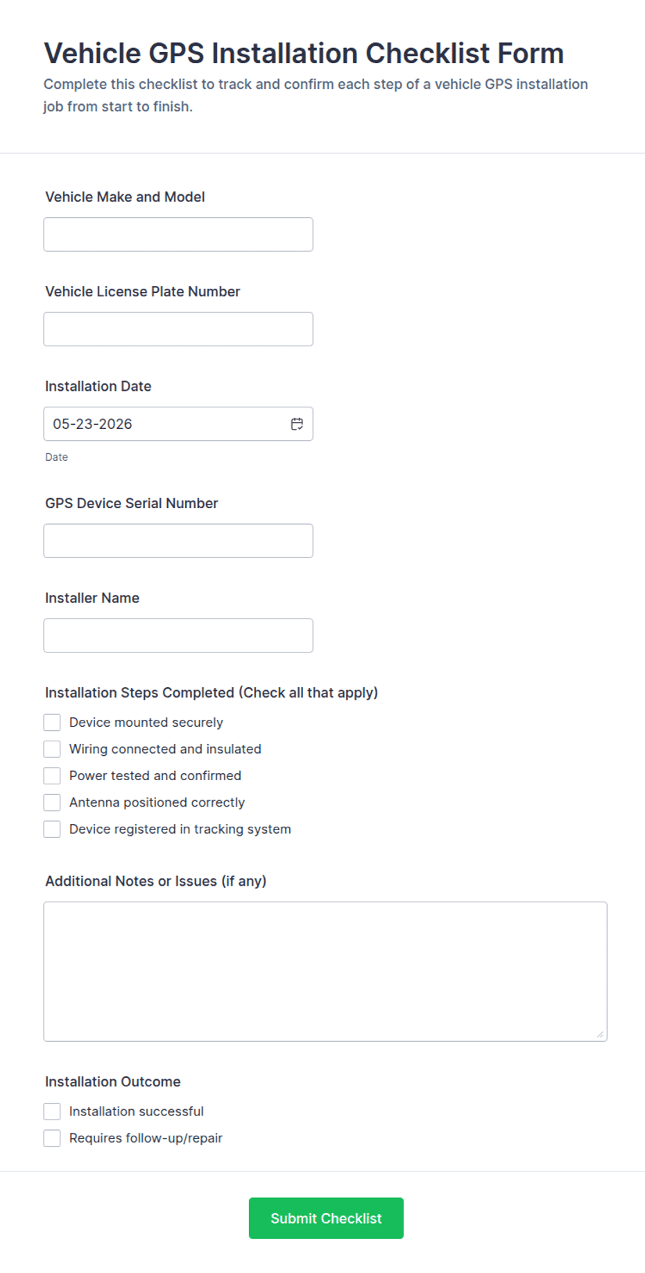 Vehicle GPS Installation Checklist Form Template | Jotform