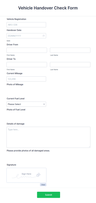 Vehicle Handover Check Form Template
