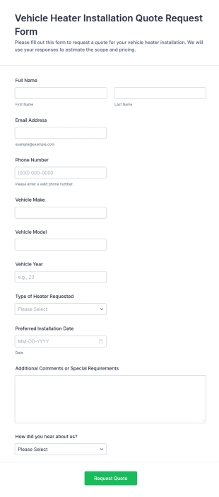 Vehicle Heater Installation Quote Request Form Template