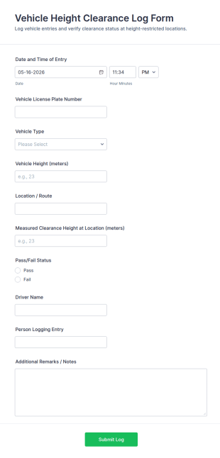 Vehicle Height Clearance Log Form Template