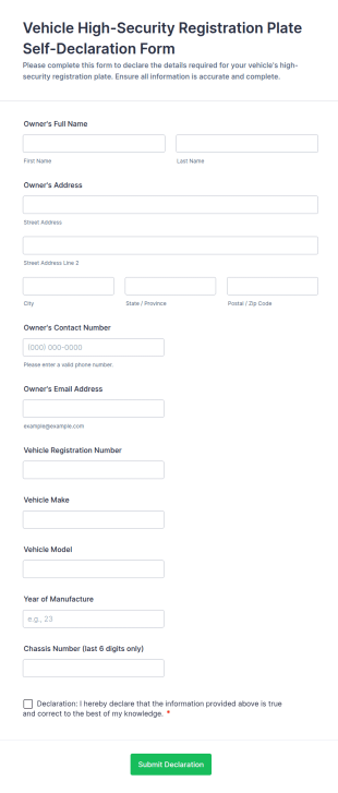 Vehicle High Security Registration Plate Self Declaration Form Template