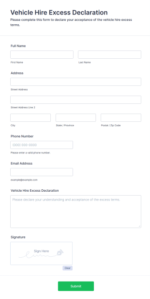Vehicle Hire Excess Declaration Form Template